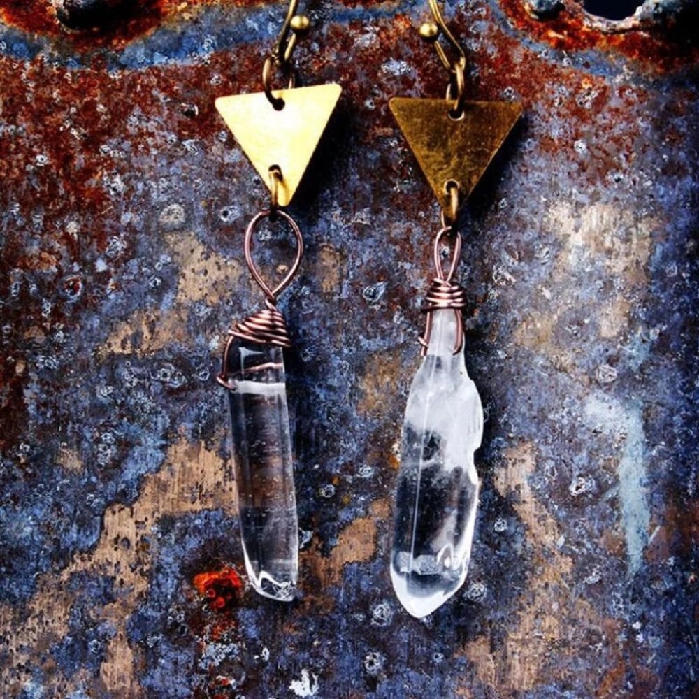Natural Clear Quartz Crystal Dangle Earrings for Spiritual Healing Clear Mind